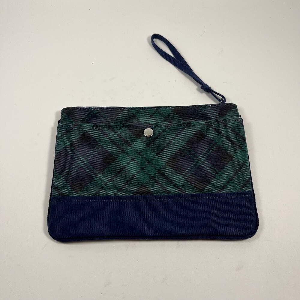 Lands End Medium Size Zip Canvas Pouch Blue Green Plaid Travel Wrist Strap
